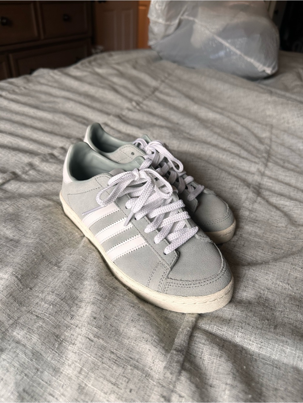 adidas Gray Suede Sneakers with White Stripes